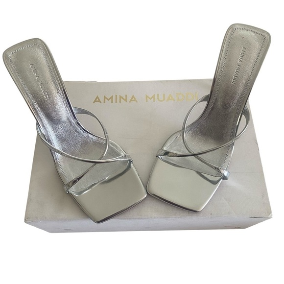 ✨ NEW! Authentic! Amina Muaddi Silver Strappy Heels – Size 38.5 ✨ Mules - Picture 1 of 15